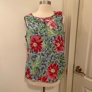 Talbots Red and Green Floral Sleeveless Pleated Blouse